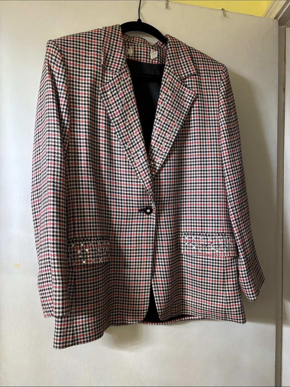 Tailored Houndstooth Blazer in Red, Black & White